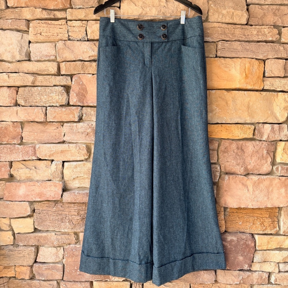 New Express 10 Gray/Blue Wool Lined Wide Leg Sailor Trousers Cuffed Pants Office